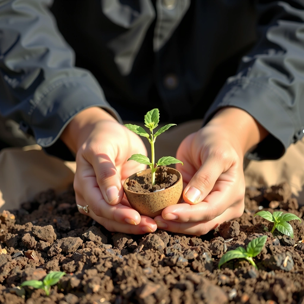 Hands gently holding a small plant sprout, symbolizing ethical sourcing and sustainability.
